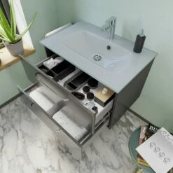 Pelipal Trentino Möbelkombination Mit Glaswaschtisch 77 Cm, SPS LED Beleuchtung Im Kranz