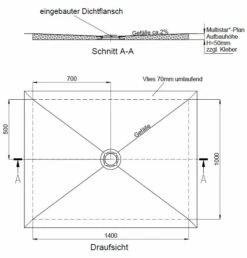 Schedel Plan Duschelement Bodeneben 140 X 100 Cm, Verfliesbar, Ablauf Mittig